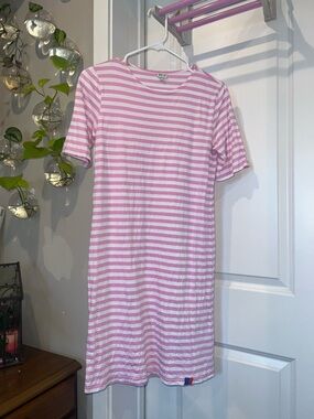 KULE Pink and White Striped Crewneck T-Shirt Midi Dress